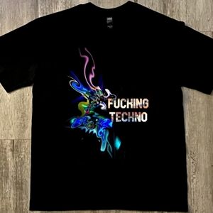 F*cking Techno Trippy Abstract Graphic Short Sleeve T‑Shirt - Black